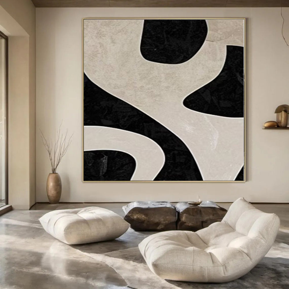 “Black - Beige Geometric Puzzle (Close - up)” – Abstract Geometric Painting CT1100