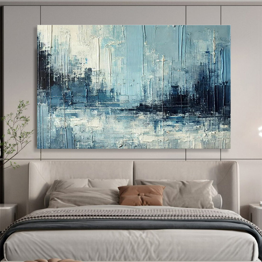 “Blue & Gray Textured Cityscape” Impasto Abstract Painting On Canvas DKH367