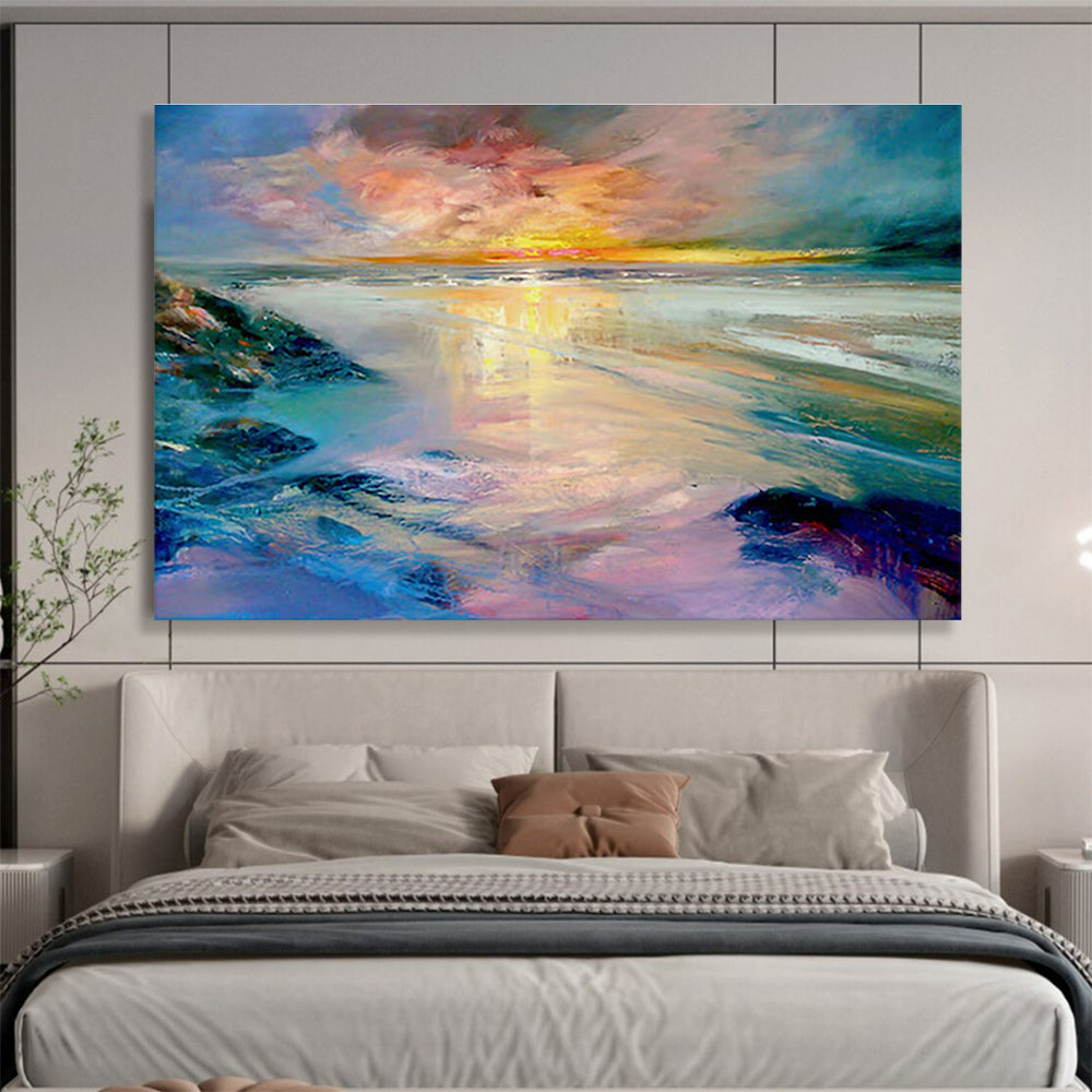 Colorful Sunset Beach Scene Impressionistic Painting On Canvas DKH213