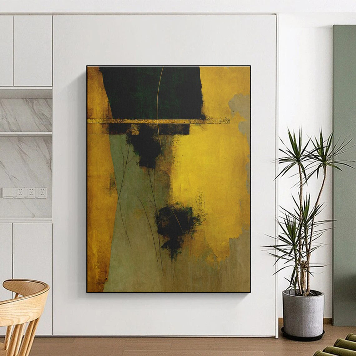 Gold, Green & Brown Abstract Forms, “Earthy Elegance” - Mixed - Media Abstract Painting CT0754