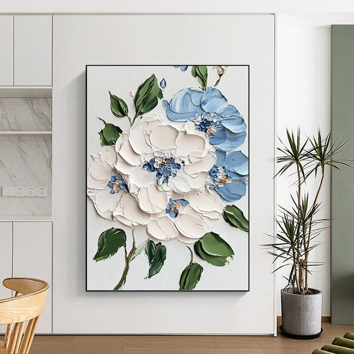 Blue, White and Green Floral 3D Effect - Impasto Flower Painting On Canvas DKH1387