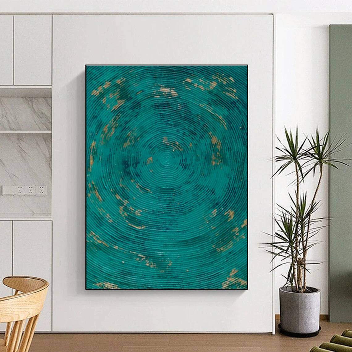 “Teal Circles with Gold” ,Minimalist Abstract Acrylic Art CT0902