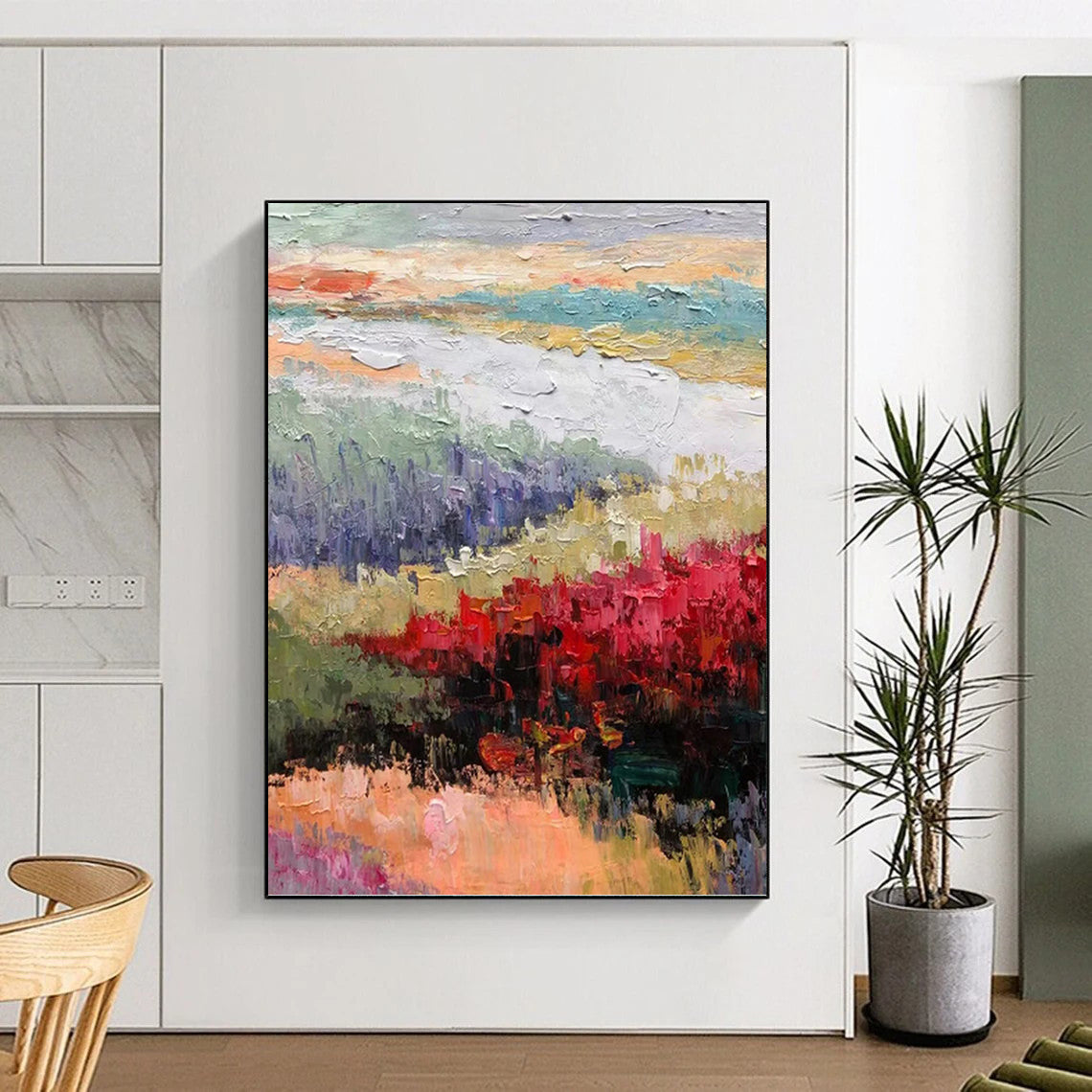 Impressionistic Landscape with Red Blossoms - Landscape Impasto Painting On Canvas DKH1273