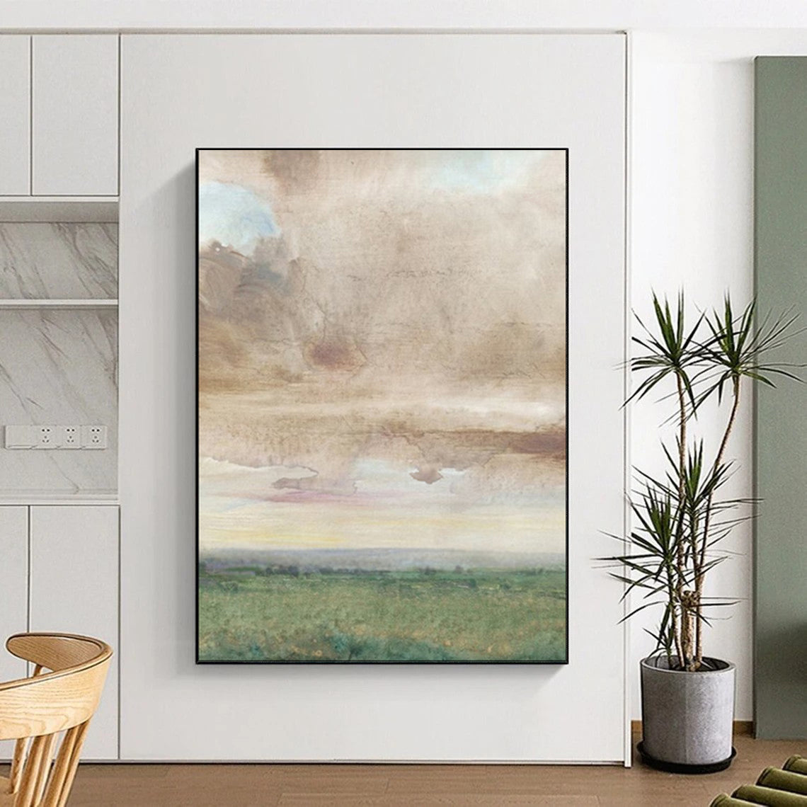 “Muted Sky Over Green Fields” – Watercolor Landscape Painting On Canvas CT2116