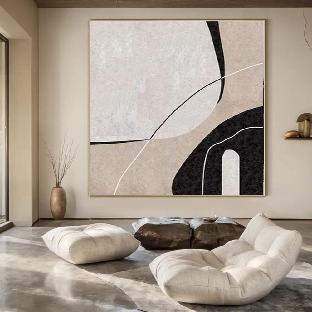 “Beige - Black - White Geometric Curves” – Geometric Abstract Painting CT1162
