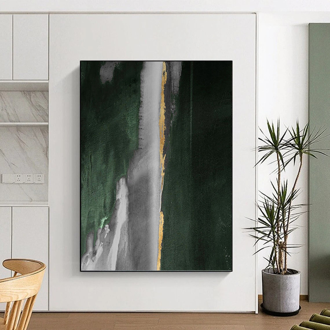 “Green, Gray & Gold Abstract Drips” - Green, Gray, Gold & Black Abstract Painting On Canvas DKH1203