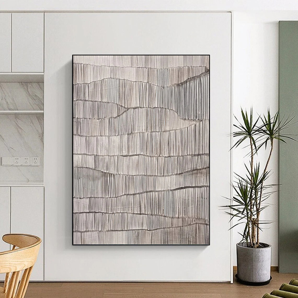 “Repetitive Gray Ridges” - Gray & White Minimalist Textured Painting On Canvas DKH1034