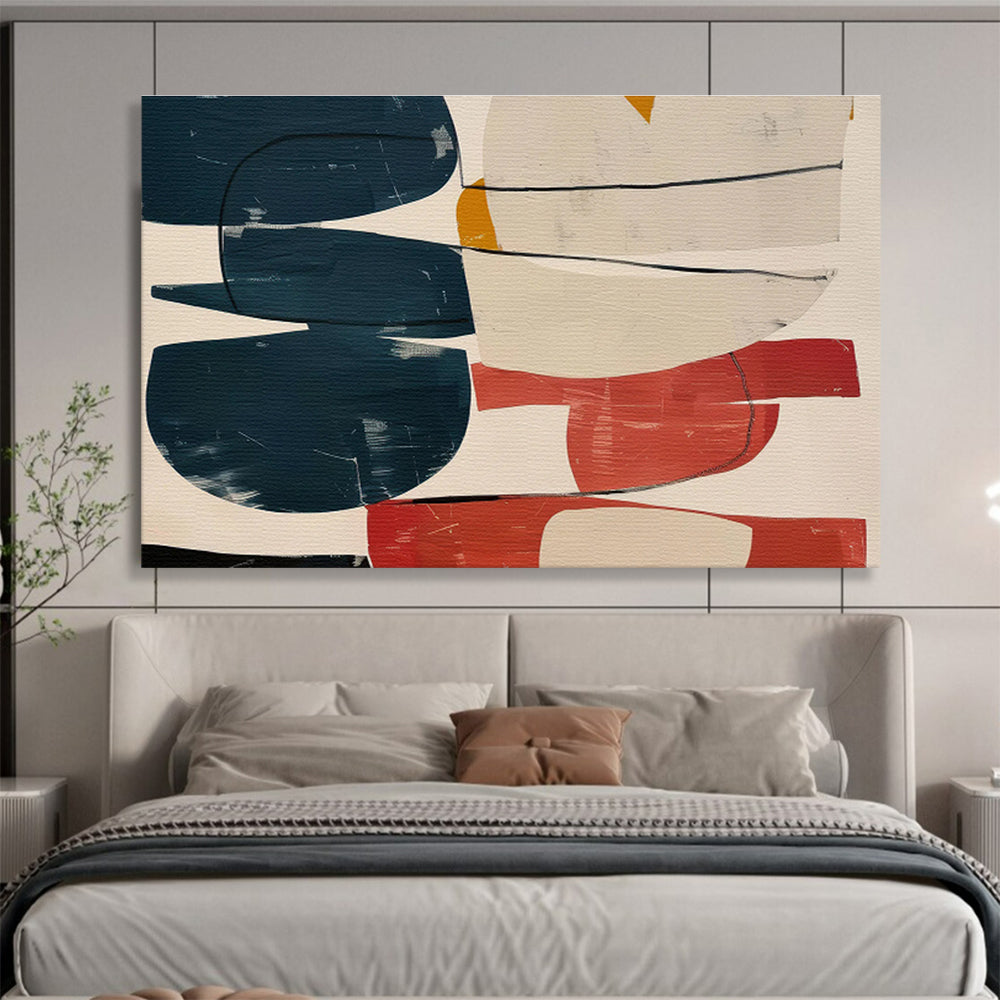 Colorful Geometric Collage with Blue, Red, and Beige, Abstract Modernist Painting On Canvas DKH590