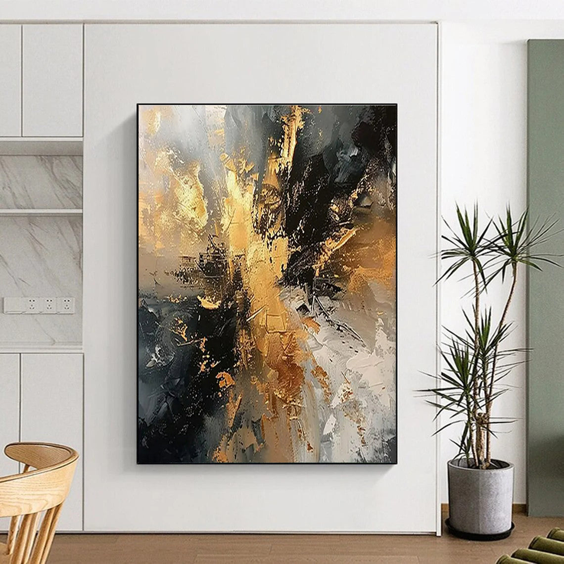 “Black - Gray - Gold Abstract” ,Abstract Acrylic Painting CT0861