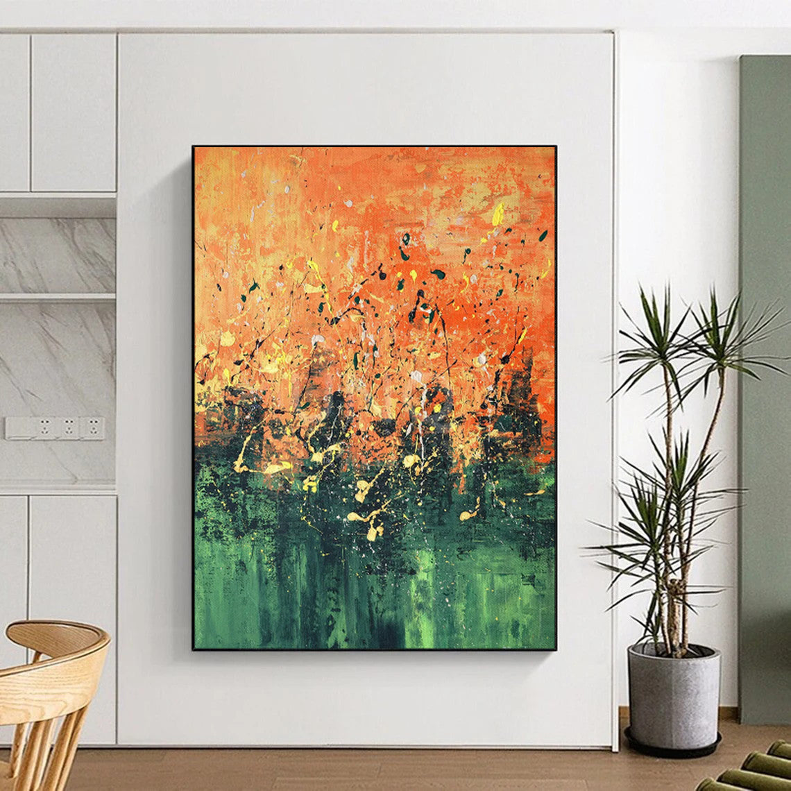 “Orange and Green Splatter Art” - Abstract Expressionist Painting CT1939