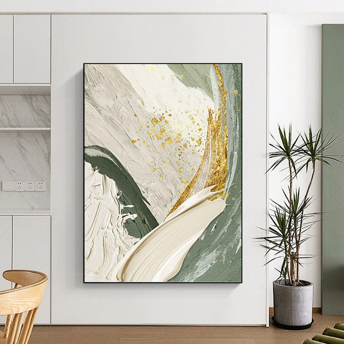 Green, White, and Gold Abstract - Abstract Painting On Canvas DKH1495