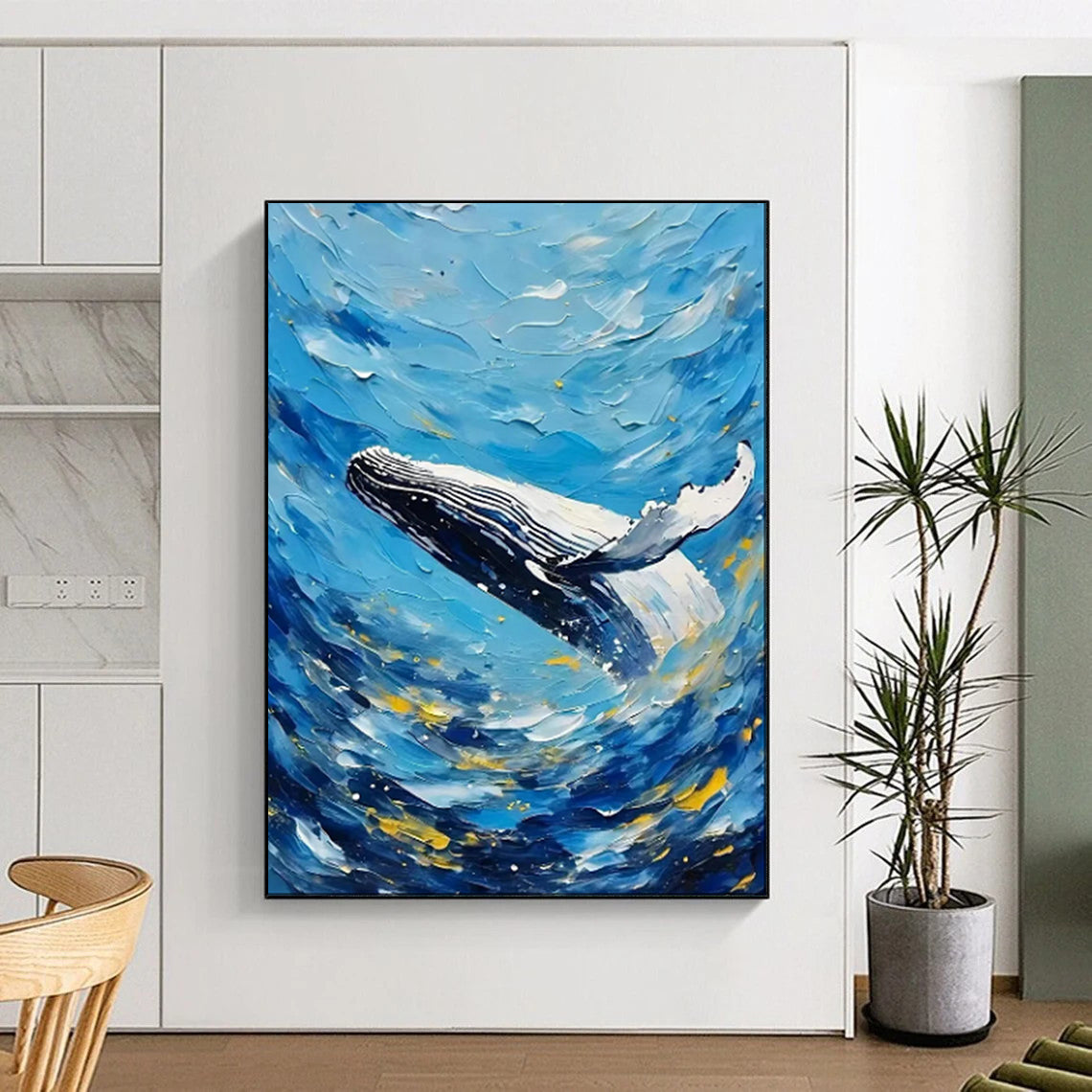 “Whale’s Leap: Textured Ocean in Blue & Gold” - Impasto Marine Oil on Canvas CT1881