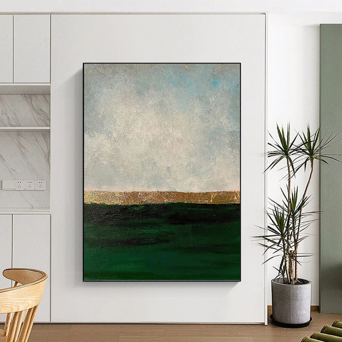 “Gold Horizon Over Green Sea” - Gray, Gold & Green Abstract Seascape Painting On Canvas DKH1206