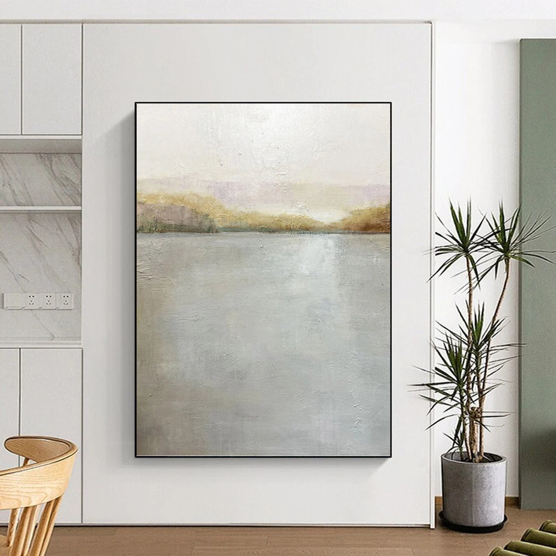 “Serene Reflections” - Gray & Gold Water - Inspired Painting On Canvas DKH1511