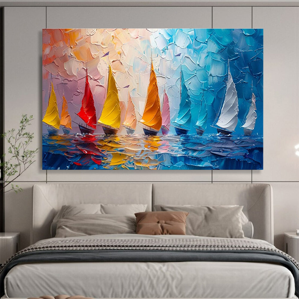 “Colorful Sailboats on Textured Sea” - Energetic Marine Painting On Canvas DKH800