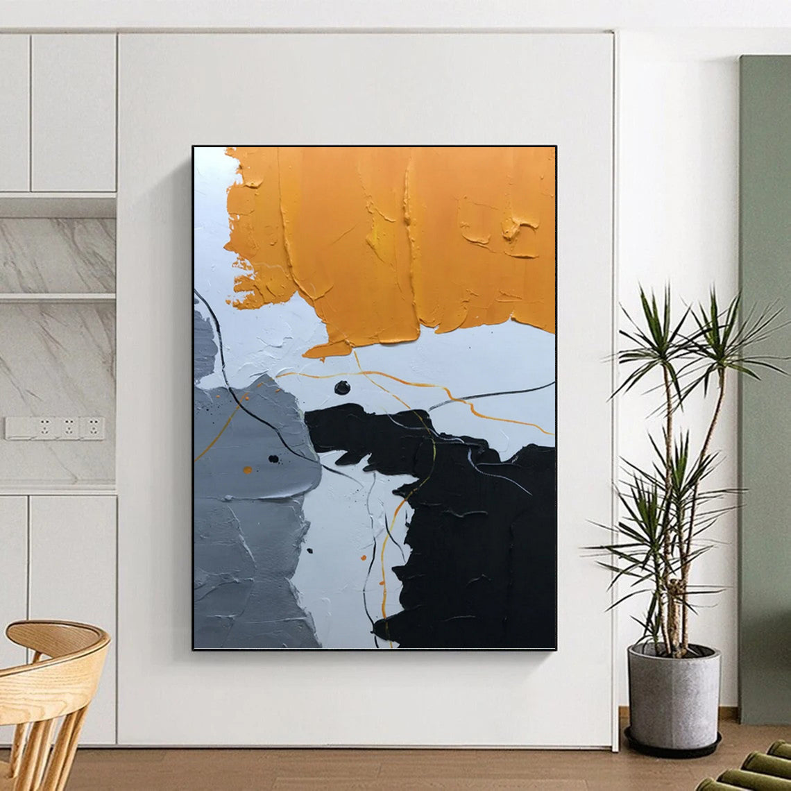 Orange, Gray, Black, and Line Abstract - Abstract Painting On Canvas DKH1334
