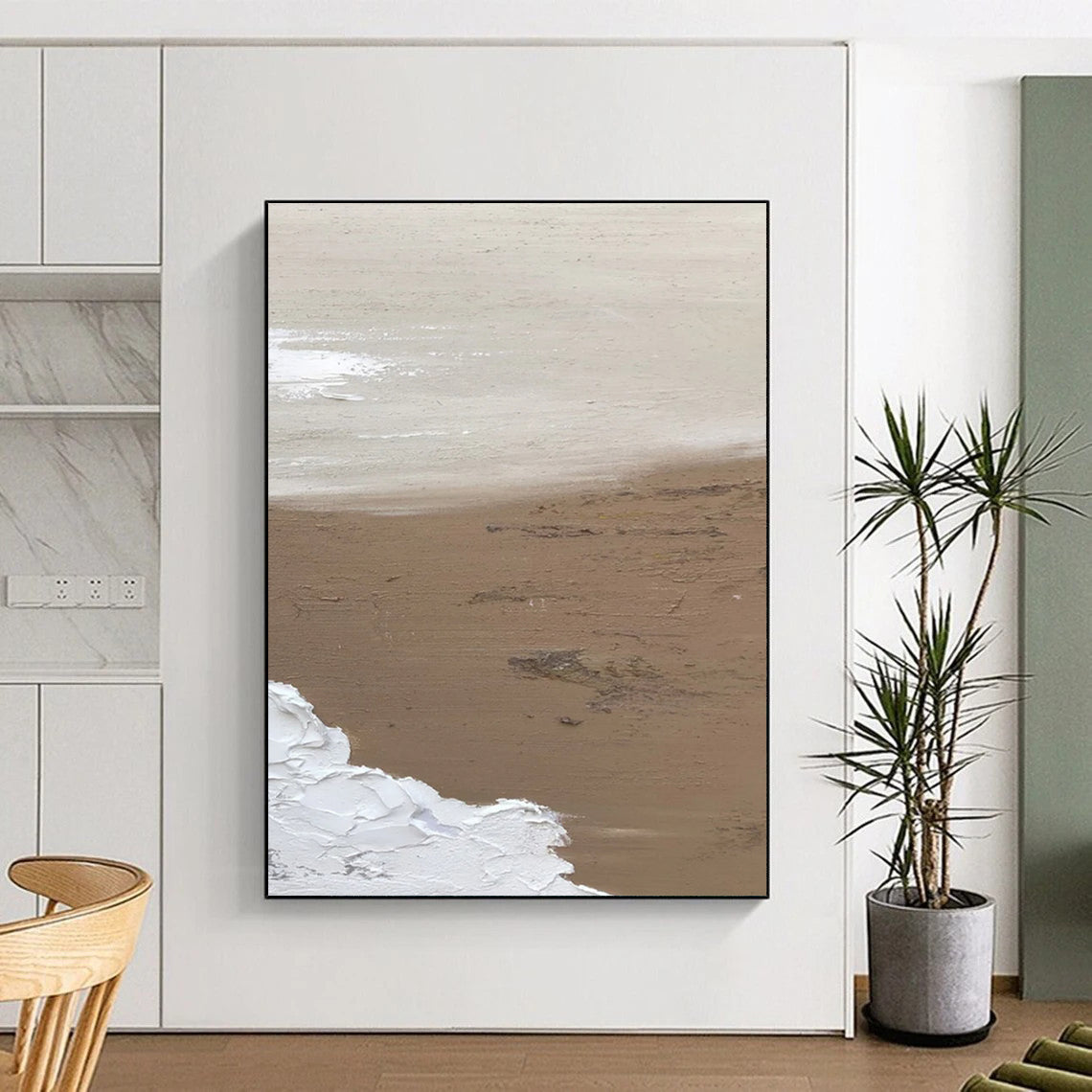 “Beige, White Textured Coast ‘Sunlit Serenity’” - Impasto Abstract Painting On Canvas DTP375