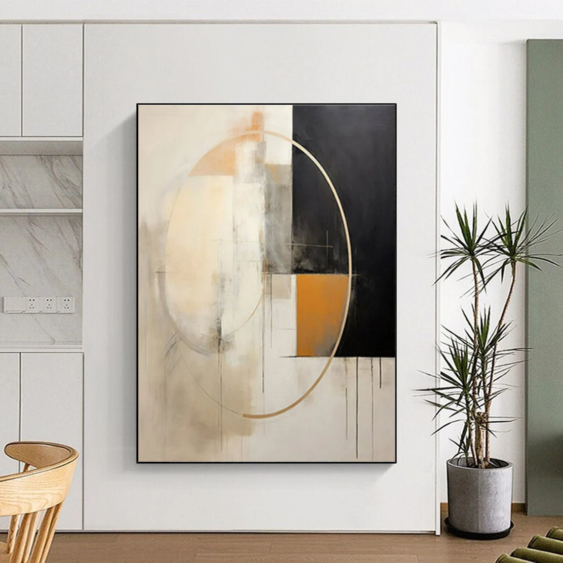 “Beige - Black - Gold Abstract Circles” ,Abstract Acrylic Painting CT0820