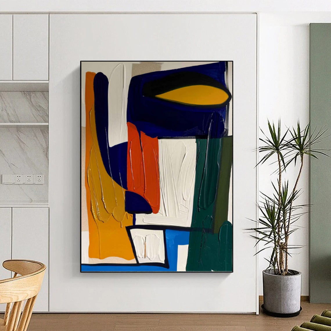 “Bold Geometric Palette” - Blue, Orange, Yellow & Green Abstract Shapes Painting On Canvas DKH1187