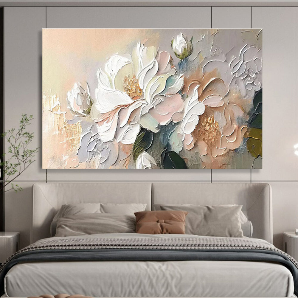 “Soft Blossom Touch” - White, Pink, Beige Textured Floral Impasto Painting On Canvas DKH713