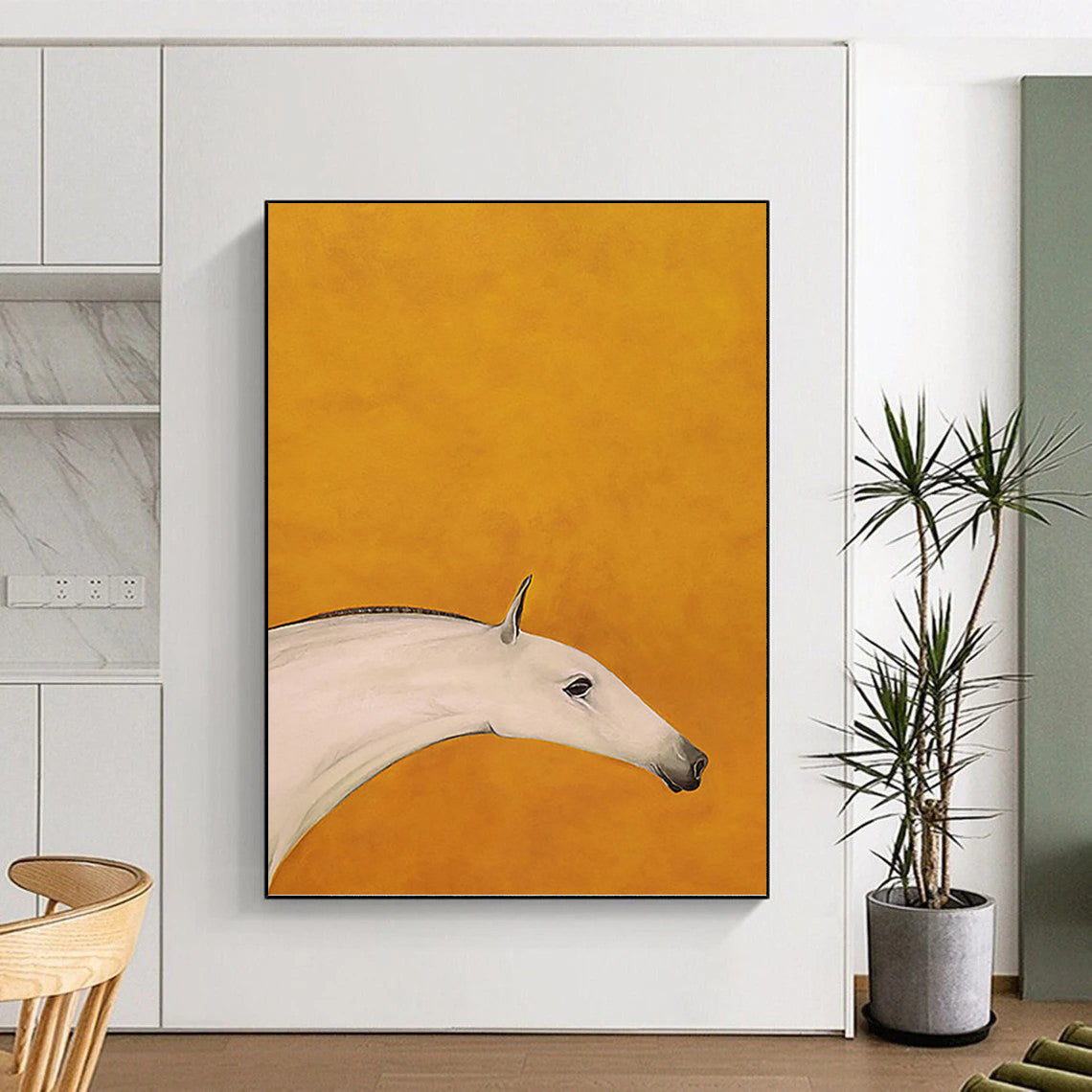 Minimalist White Horse on Orange Background - Equine Painting On Canvas DKH1427
