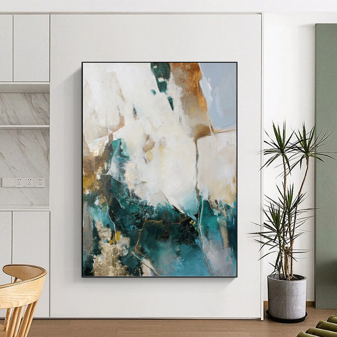 “Teal, Gold & White Abstract” - Teal, Gold & White Art Deco - Inspired Painting On Canvas DKH1013