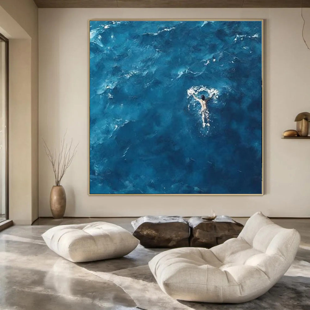 “Solitary Swimmer in Azure Sea” – Minimalist Seascape Painting CT1065
