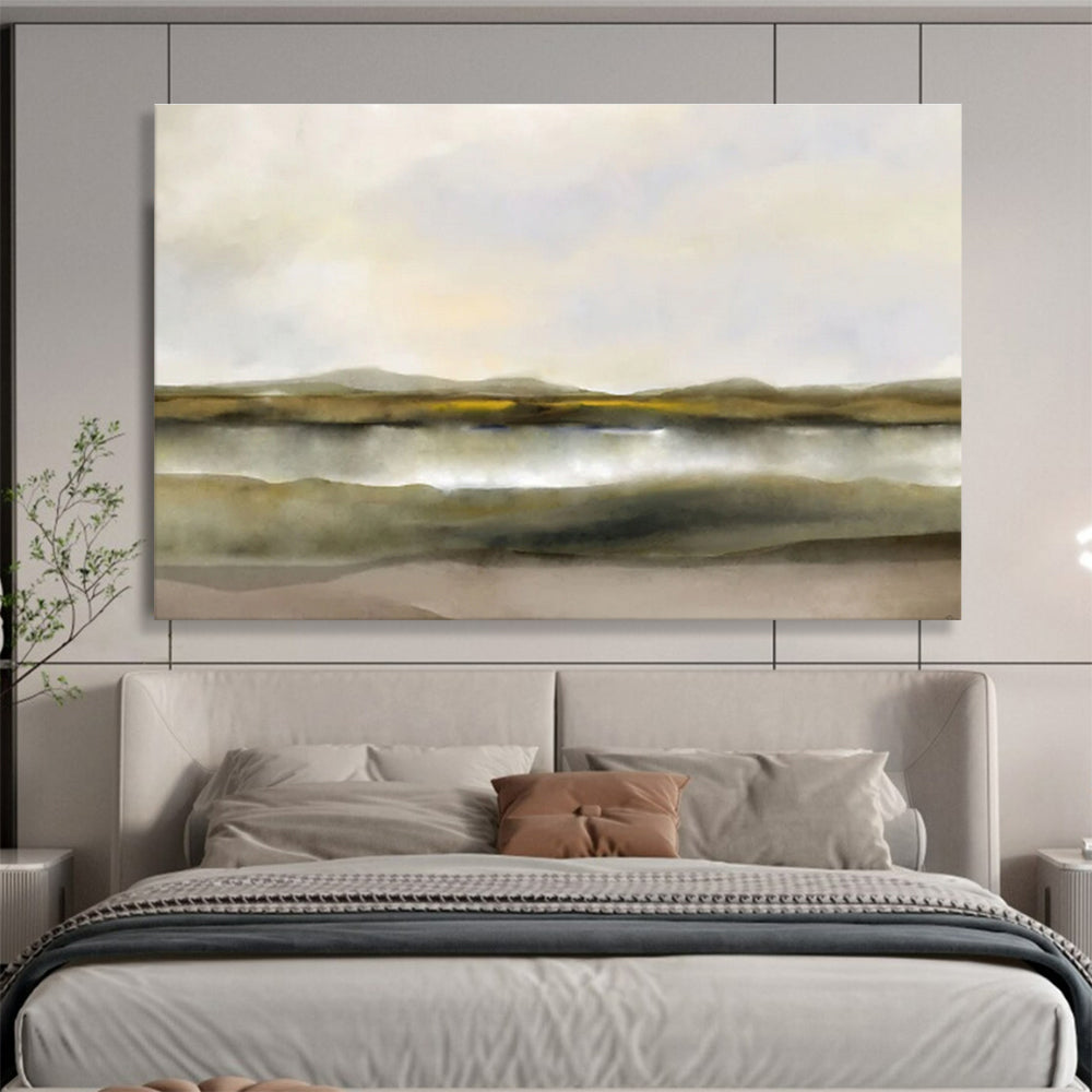 “Muted Tones: Tranquil Lake & Hills” Minimalist Landscape Painting On Canvas DKH361