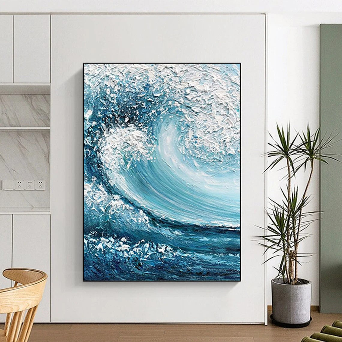 “Blue, White Impasto Wave ‘Crashing Power’” - Textured Sea Wave Painting On Canvas DTP322