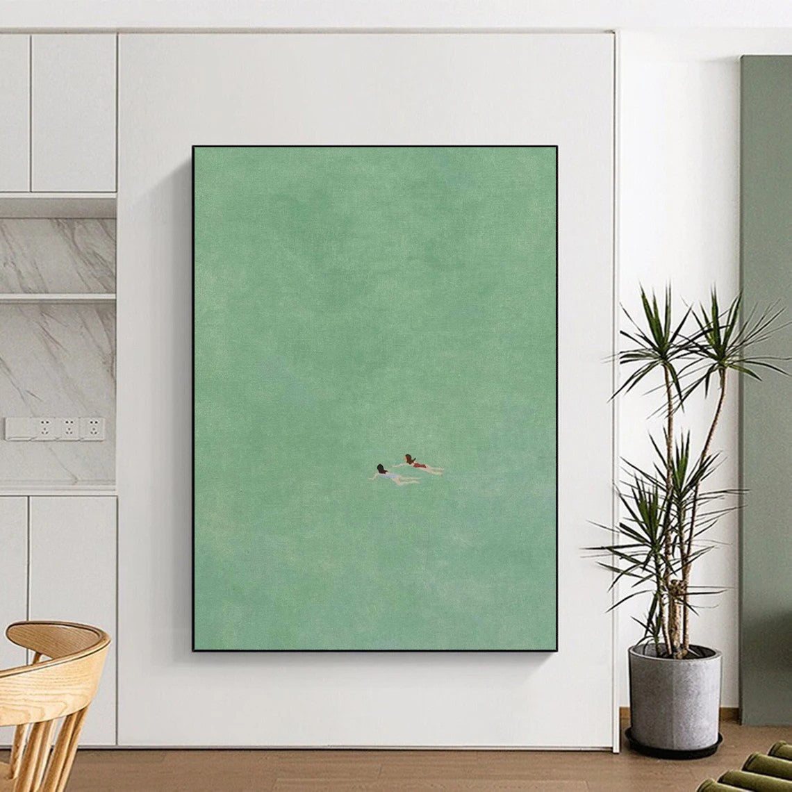 “Two Swimmers in Green” - Green, Blue, Red Minimalist Figurative Painting On Canvas DTP305