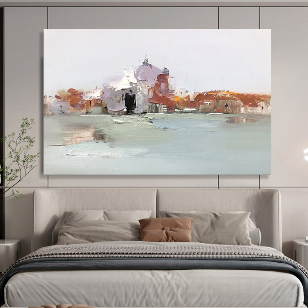 Impressionistic City by Water - Impressionistic Cityscape Painting On Canvas DKH631