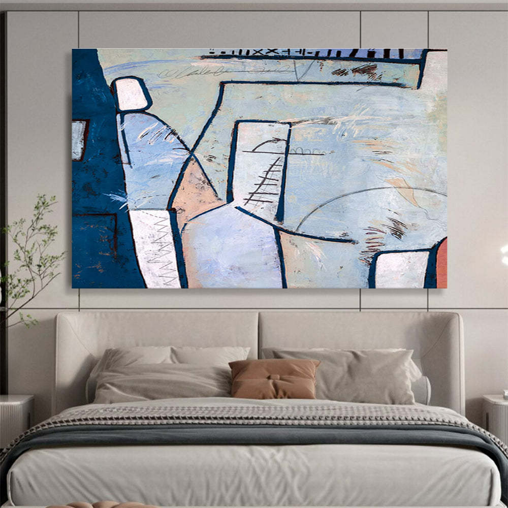 “Blue - Pink Geometric Layers” Abstract Mixed - Media Painting On Canvas DKH547