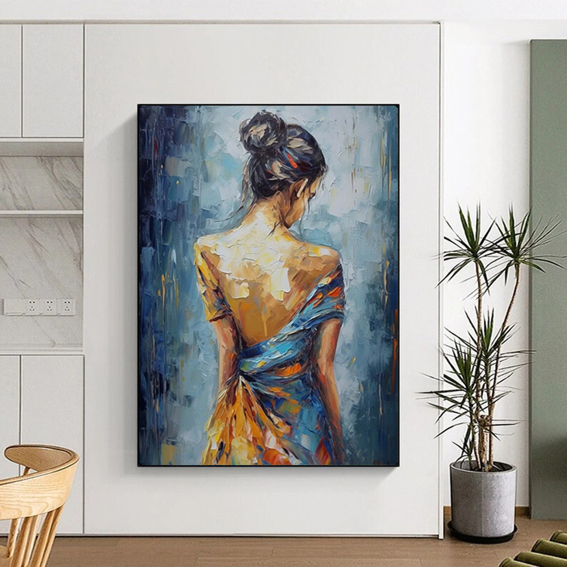 “Back View of Colorful - Dressed Woman” – Impressionistic Figure Oil Painting On Canvas CT2137