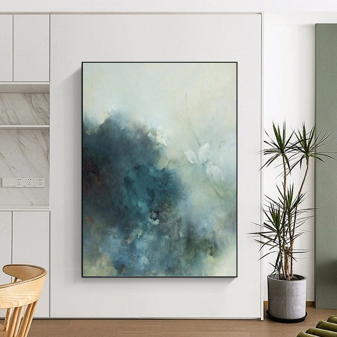 “Soft Blue - Gray Floral Mist” - Blue, Gray & White Abstract Flower Painting On Canvas DKH0948