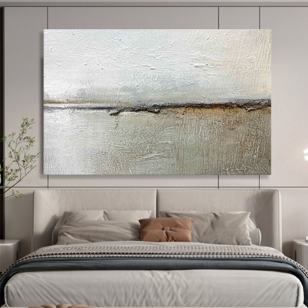 “Textured Neutral Divide” - White, Gray, Brown Minimalist Abstract Painting On Canvas DKH754