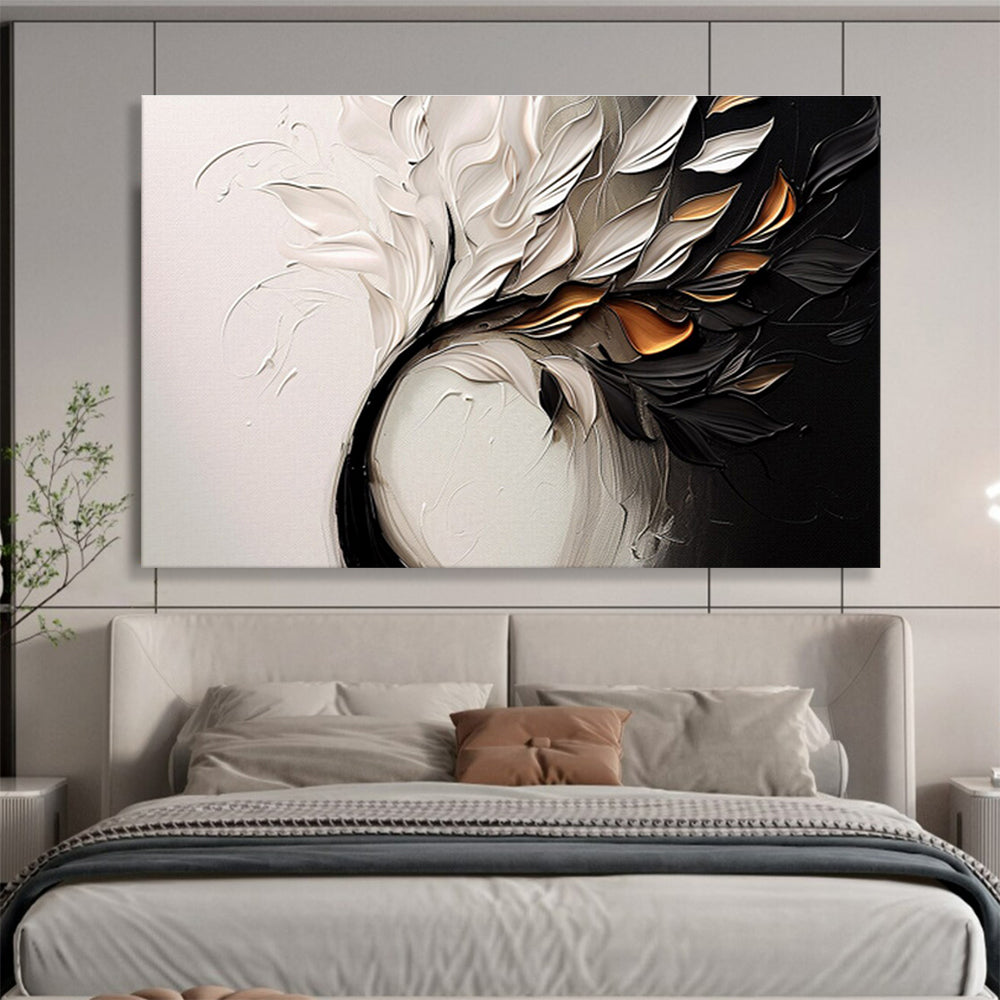“Textured White & Gold Foliage” - White, Black, Gold 3D Floral Painting On Canvas DKH748
