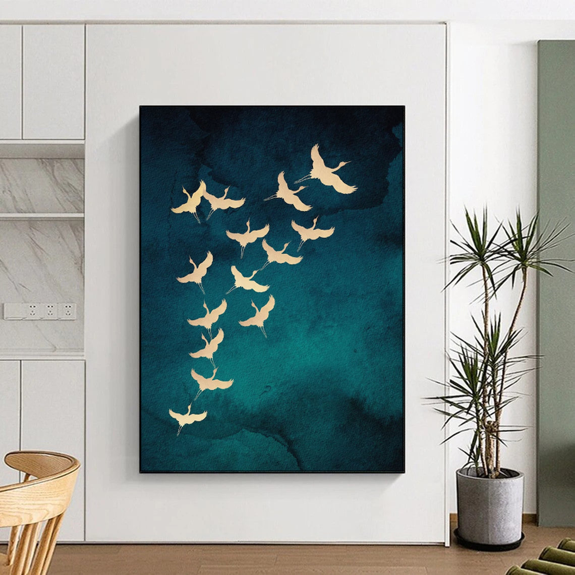 Golden Cranes Teal Blue Wash Oriental Inspired Avian Art CT1919