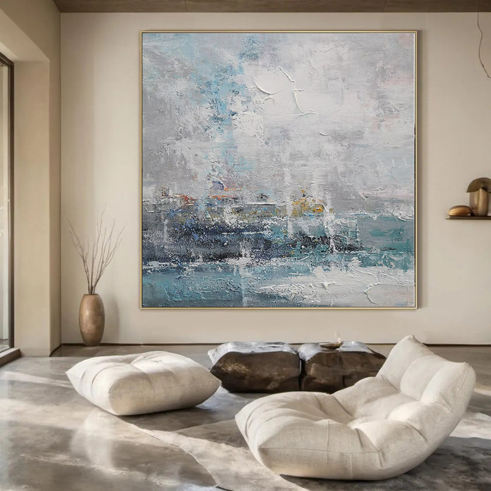 “Soft Blue and Gray Textured Seascape” – Impasto Seascape Painting CT1117