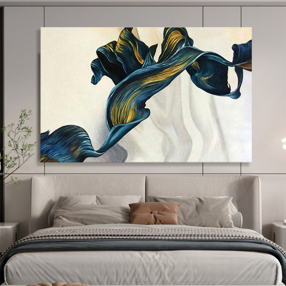 Blue and Gold Ribbon - Like “Ethereal Fabric Flow” Painting On Canvas DKH160