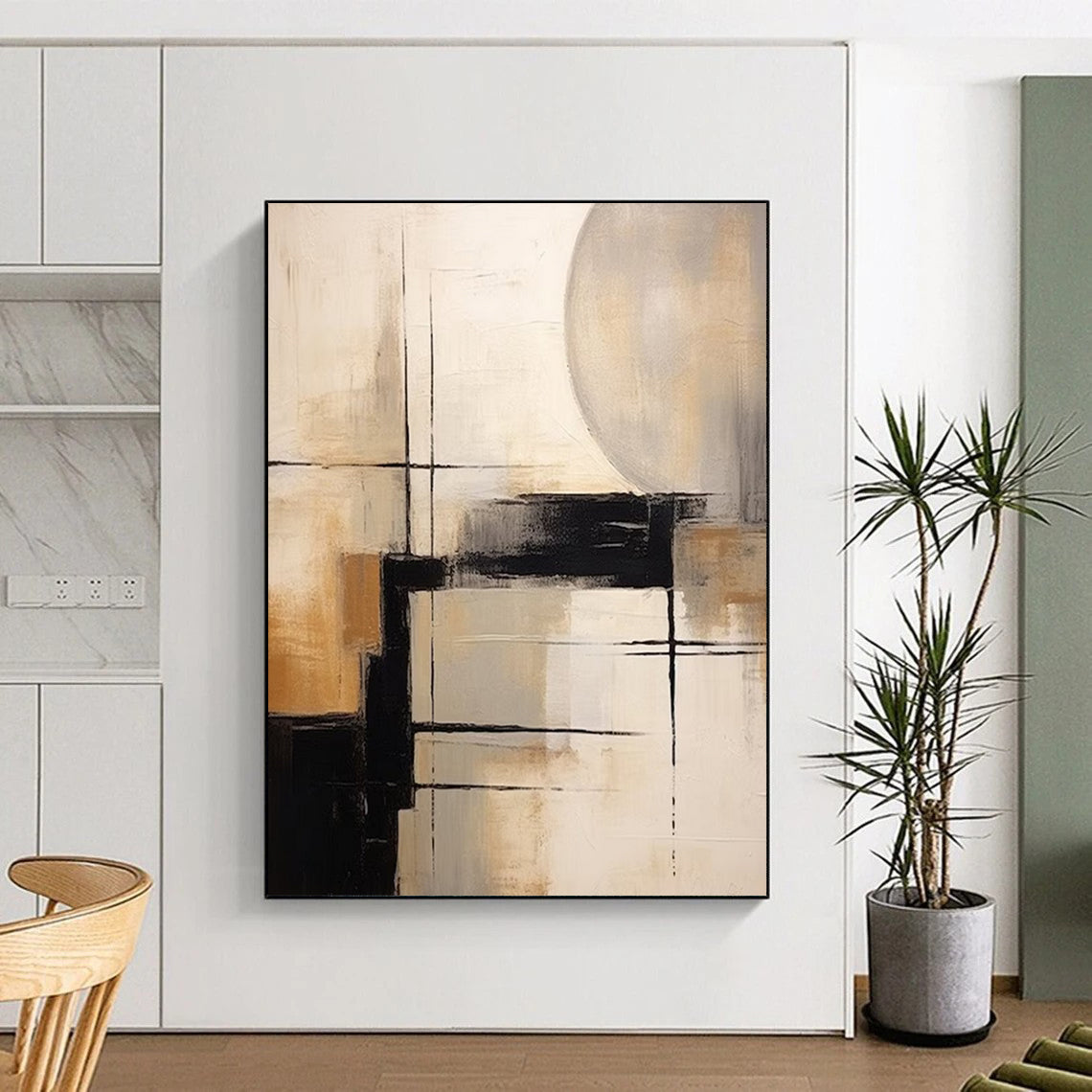 “Black, White, Beige Geometric Abstraction ‘Structured Serenity’” - Textured Abstract Painting On Canvas DTP356