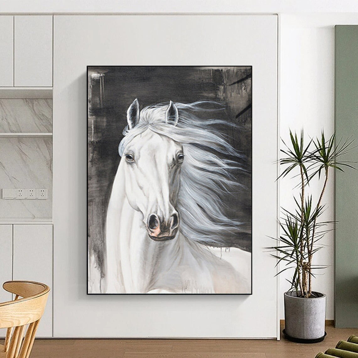 “Majestic Steed” - White Horse with Gray Background Realistic Painting On Canvas DKH1529