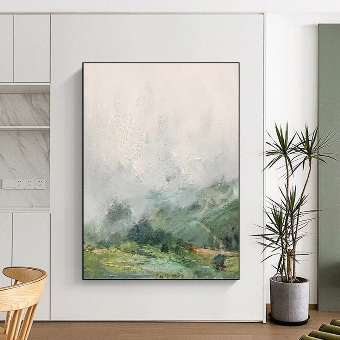 “Misty Valley” - Green, Gray & White Impressionistic Landscape Painting On Canvas DKH1541