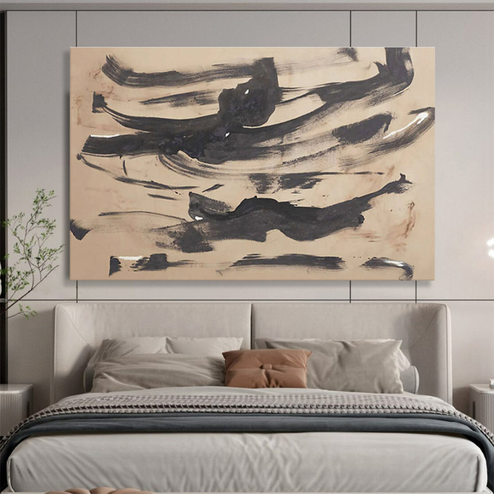 “Ink - Wash Abstraction” - Black, Beige Minimalist Brushstroke Painting On Canvas DKH735