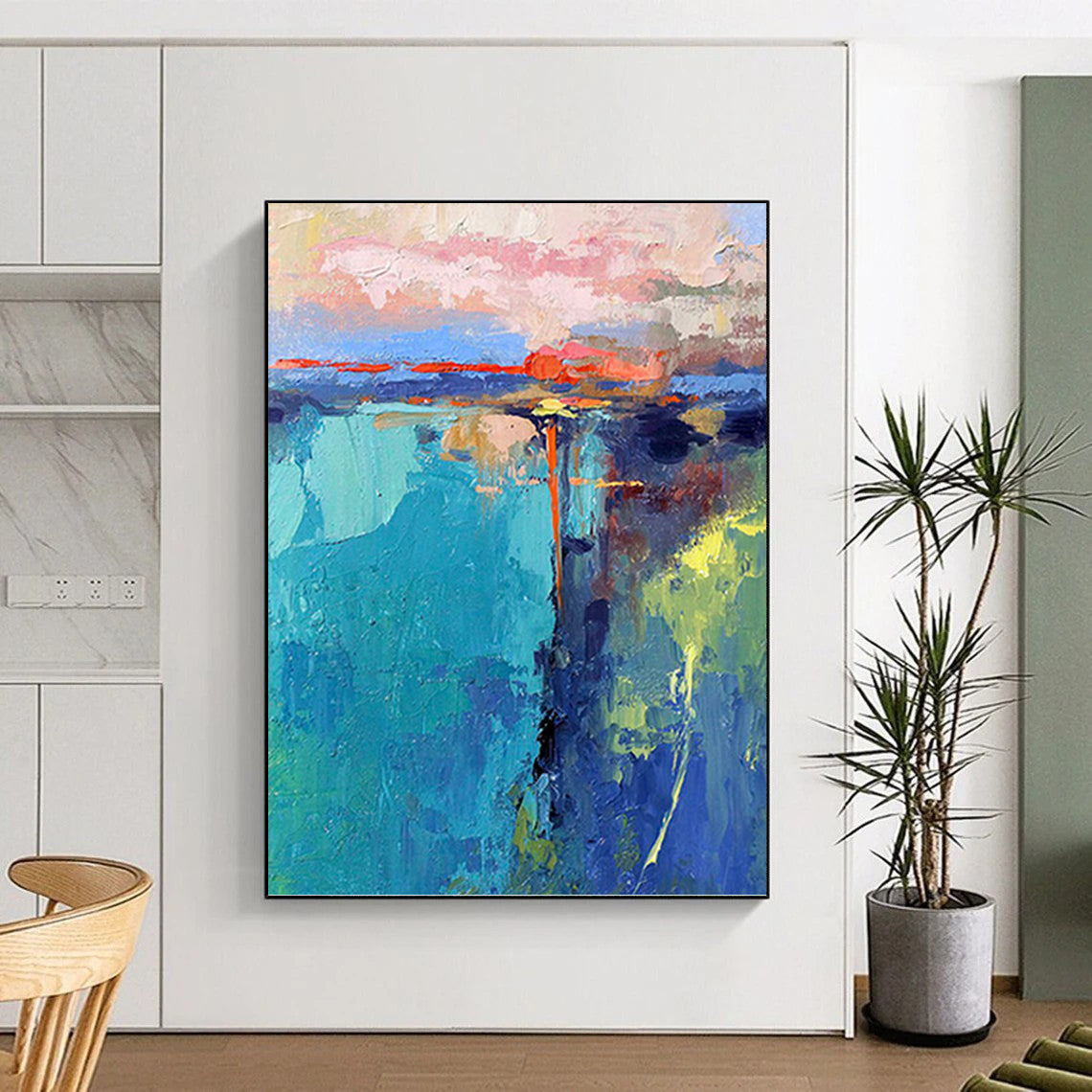 “Colorful Abstract Sunset” - Blue, Pink, Orange & Green Landscape - Inspired Painting On Canvas DKH1030