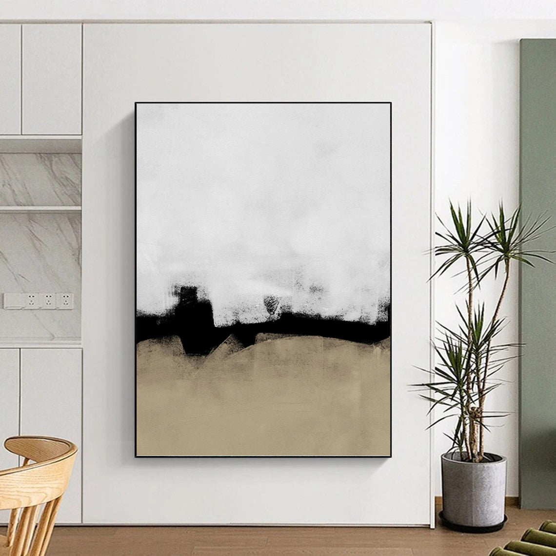 “Black - White - Beige Abstract” - Black, White & Beige Subtle Painting On Canvas DKH0965