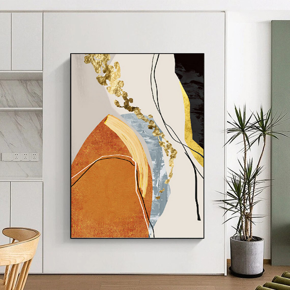 “Golden Fusion” - Orange, Gold, Blue & Black Abstract Shapes Painting On Canvas DKH1515