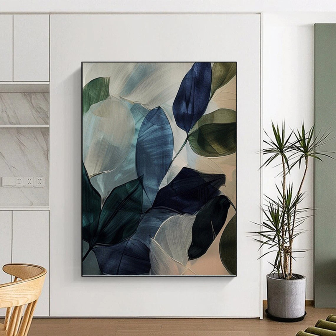 “Translucent Leaf Abstraction” - Blue, Green & White Watercolor - Style Painting On Canvas DKH0972