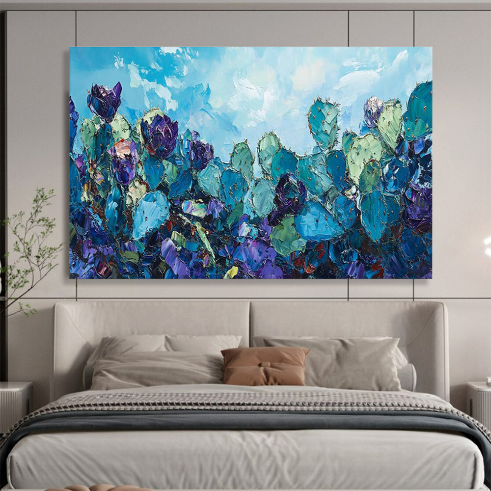 “Blue Cactus Field” - Vibrant Desert Painting On Canvas DKH827
