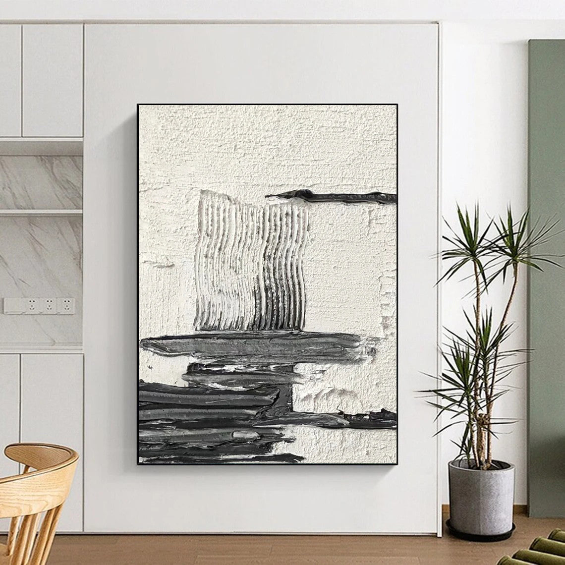 “White, Black Textured Layers ‘Calm Complexity’” - Impasto Abstract Painting On Canvas DTP388