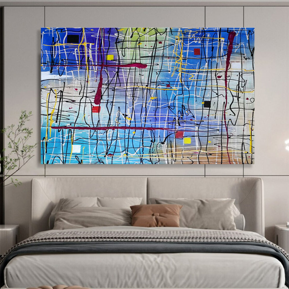 “Colorful Line Grid Abstract” - Vibrant Abstract Painting On Canvas DKH849